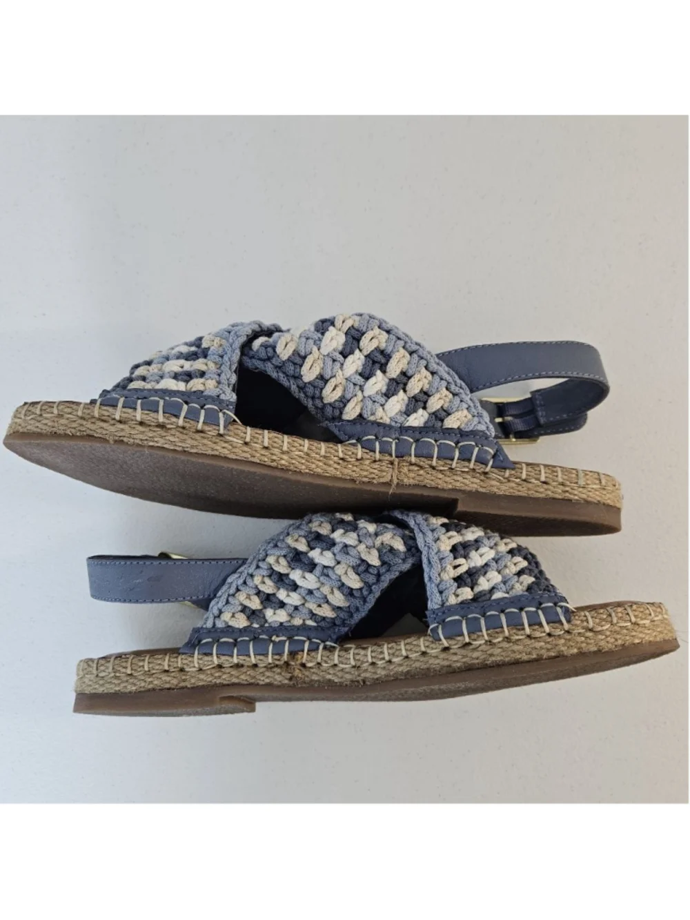Coldwater Creek Walk With Me Cosita Blue Beige Crochet Espadrille Sandals 7.5